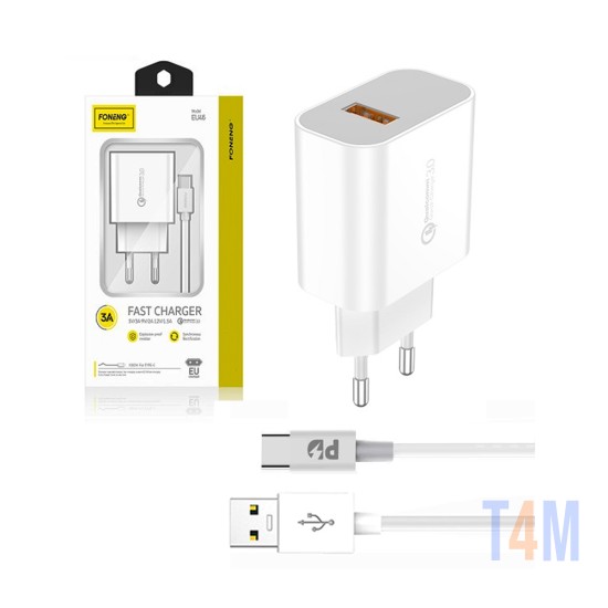 Foneng Fast USB Wall Charger EU46 with Type C Cable 3A White